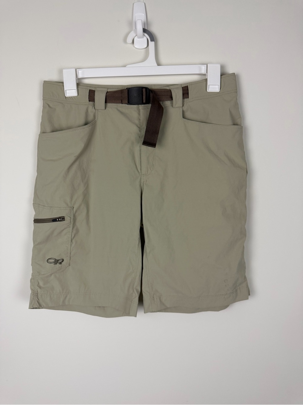 Outdoor Research Men's Light Sandstone Cargo Shorts with Brown Belt